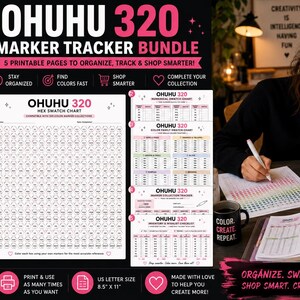 Può includere: Un set di monitoraggio per pennarelli Ohuhu 320 con cinque pagine stampabili per organizzare e campionare i colori. Il kit include una tabella di campioni esadecimali, una tabella numerica, una per famiglie di colori, un tracker e una lista.
