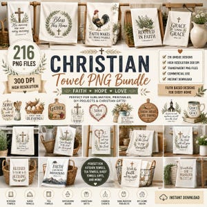 May include: A digital collection of 216 Christian-themed towel PNG files featuring faith-based quotes, floral wreaths, crosses, and rustic illustrations. The bundle includes high-resolution 300 DPI graphics for sublimation, printables, and DIY projects.