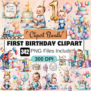 343 Erster Geburtstag Clipart Bundle PNG Set, 1. Geburtstag PNG, Niedliche Geburtstagselemente, Babys erster Geburtstag Illustration, Erster Geburtstag PNG