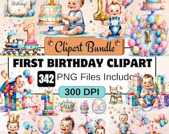 343 First Birthday Clipart Bundle PNG Set,1st Birthday PNG,Cute Birthday Elements,Baby’s First Birthday Illustration,first birthday png