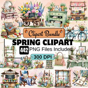442 cliparts aquarelle de printemps, cliparts bonjour printemps, clipart floral printemps PNG, jolie illustration Cottagecore, clipart saison du printemps