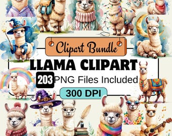 Bundle de cliparts aquarelle de lamas, Images de lama, adorables graphiques d'alpaga, animaux mignons, lamas originaux PNG, clipart de lamas espiègles