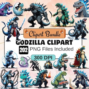 Op de afbeelding: Een digitale clipartbundel met diverse Godzilla-illustraties in verschillende poses en kleuren. De tekst "Godzilla Clipart" wordt prominent weergegeven, samen met "202 PNG-bestanden inbegrepen" en "300 DPI". De afbeeldingen tonen het iconische monster in een verscheidenheid aan artistieke stijlen.