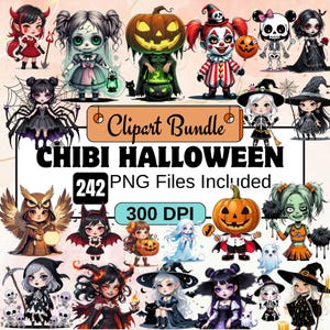Puede incluir: Un paquete de imágenes prediseñadas digitales con varios personajes chibi de Halloween. La imagen incluye ilustraciones de brujas, esqueletos, calabazas y otras figuras espeluznantes. El texto de la imagen dice "Chibi Halloween" y "242 archivos PNG incluidos".