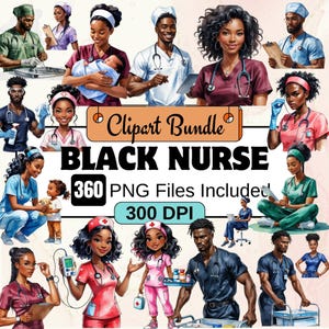 Black Nurse Clipart, Cute Cartoon Nurse PNG Bundle, African American nurse Clipart Bundle,Nurse practitioner clipart SVG, Black health staff