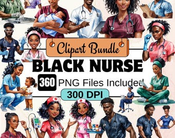 Black Nurse Clipart, Cute Cartoon Nurse PNG Bundle, African American nurse Clipart Bundle,Nurse practitioner clipart SVG, Black health staff