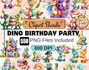 Dino Birthday Party Clipart,Birthday Dinosaur watercolor clip arts, Nursery Decor,Kids Party, Jurassic Party PNG bundle,birthday party png