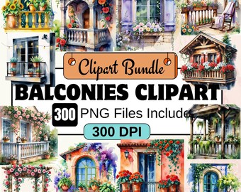 300 Watercolor Balconies Clipart, Balcony Images, Architectural Illustrations,Decor, Floral Balcony Clipart, PNG Bundle, Windows & Balconies