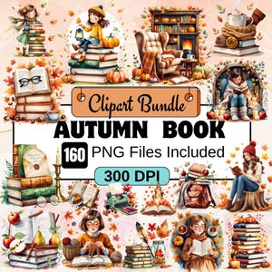 Puede incluir: Un paquete de clipart digital de 160 ilustraciones de libros con temática otoñal. Las ilustraciones presentan libros, hojas, calabazas y otros elementos otoñales. Las ilustraciones están en un estilo de acuarela y son perfectas para crear proyectos con temática otoñal.