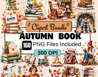 160Autumn Books Clipart,Watercolor fall books Clipart PNG Bundle,Fall Book Cute Reading Bookworm ,reading, book lover, autumn aesthetic