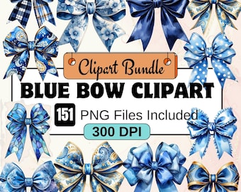 Blue Bow Clipart, Watercolor Bow PNG Bundle, Chinoiserie Coquette Ribbon Bow PNG, Blue Silk Bow, Bow-themed Illustrations Instant Digital