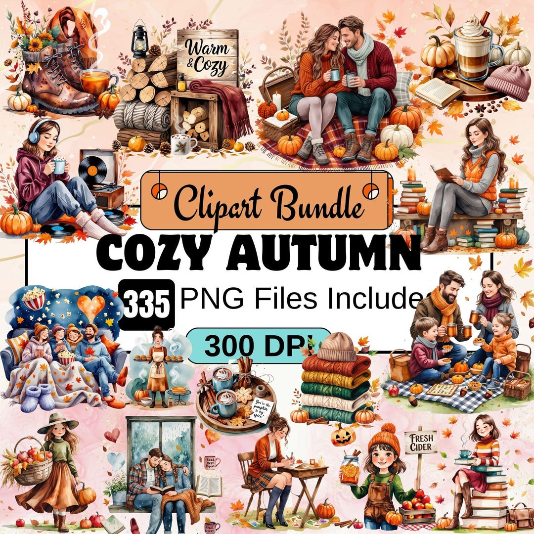 Cozy Autumn Clipart,watercolor Fall Clipart PNG Bundle,cozy Fall,fall ...