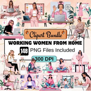 149Cozy Work From Home Clipart,Working Woman Clipart PNG Bundle,Business Woman Elegant Woman pink working girl girl boss png, wfh png