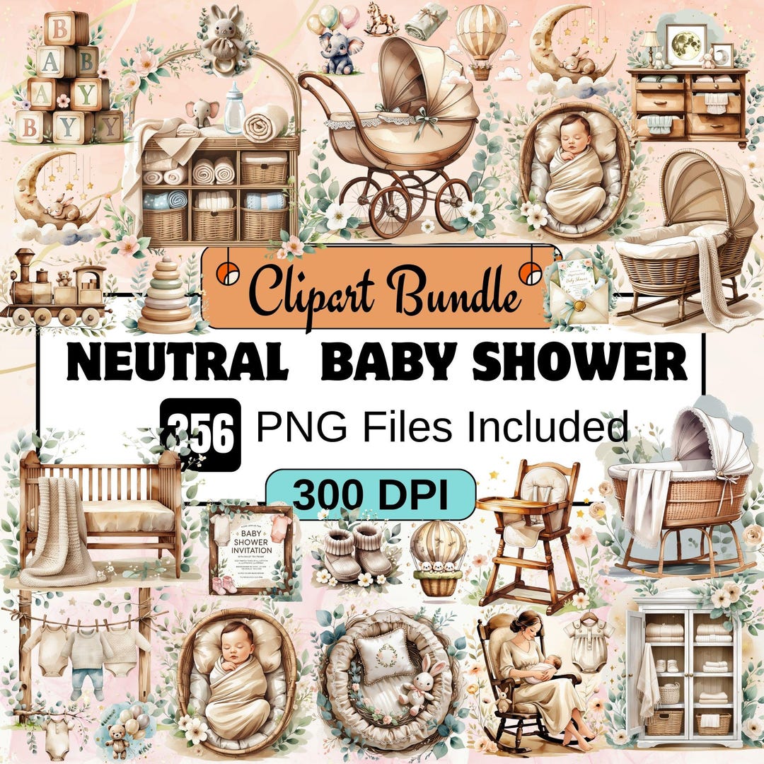 Neutral Baby Shower Clipart,boho Baby Shower Clipart PNG Bundle,baby ...