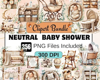 Neutral Baby Shower Clipart,Boho Baby Shower Clipart PNG Bundle,Baby Shower Watercolor Clipart Bundle,Boho Nursery Decor PNG,neutral gender
