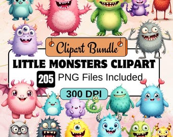 205 Little Monsters Clipart Bundle,Cute Monster PNG Set,Cartoon Creatures,Monster Clipart Adorable Little Creature PNG,watercolor monsters