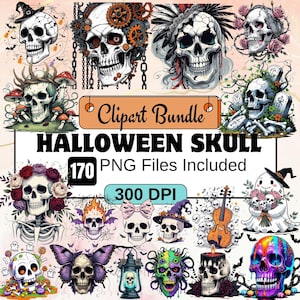 170 Skull Halloween Clipart,Skeleton Halloween Clipart PNG Bundle,Ghost,Trick or Treat, Skull Graphics,Skull png design,watercolor halloween