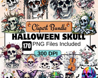 170 Skull Halloween Clipart,Skeleton Halloween Clipart PNG Bundle,Ghost,Trick or Treat, Skull Graphics,Skull png design,watercolor halloween