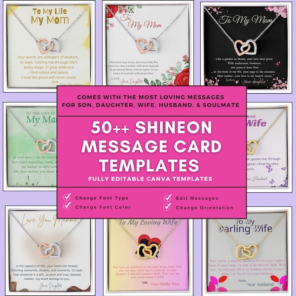 ShineOn Message Card Template Bundle, Customized Necklace Shineon Designs, Editable Canva Template Jwellery POD Business Personal