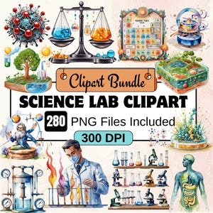 科学実験室の水彩画クリップアート バンドル - 280 PNG 科学実験室画像、化学イラスト、研究 PNG バンドル、即時ダウンロード、商用利用
