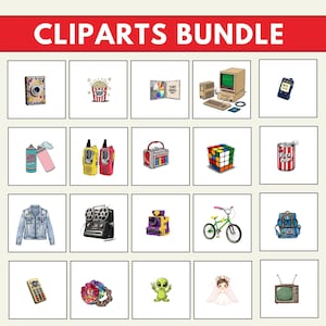 Op de afbeelding: Een verzameling kleurrijke clip-art illustraties, waaronder een camera, popcorn, een computer, een Rubik's Cube, een spijkerjasje, een fiets, een rugzak, een afstandsbediening en een alien. De tekst "CLIPARTS BUNDLE" staat bovenaan.