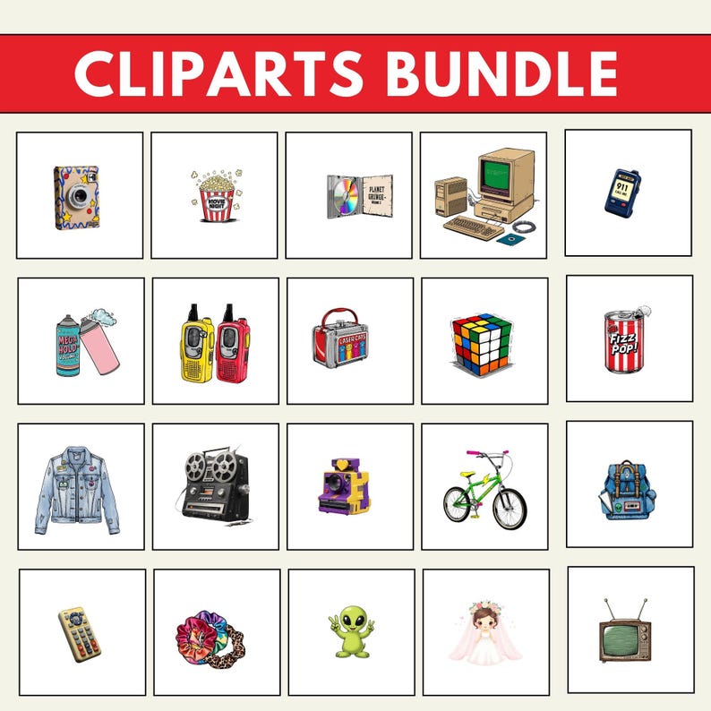 Op de afbeelding: Een verzameling kleurrijke clip-art illustraties, waaronder een camera, popcorn, een computer, een Rubik's Cube, een spijkerjasje, een fiets, een rugzak, een afstandsbediening en een alien. De tekst "CLIPARTS BUNDLE" staat bovenaan.