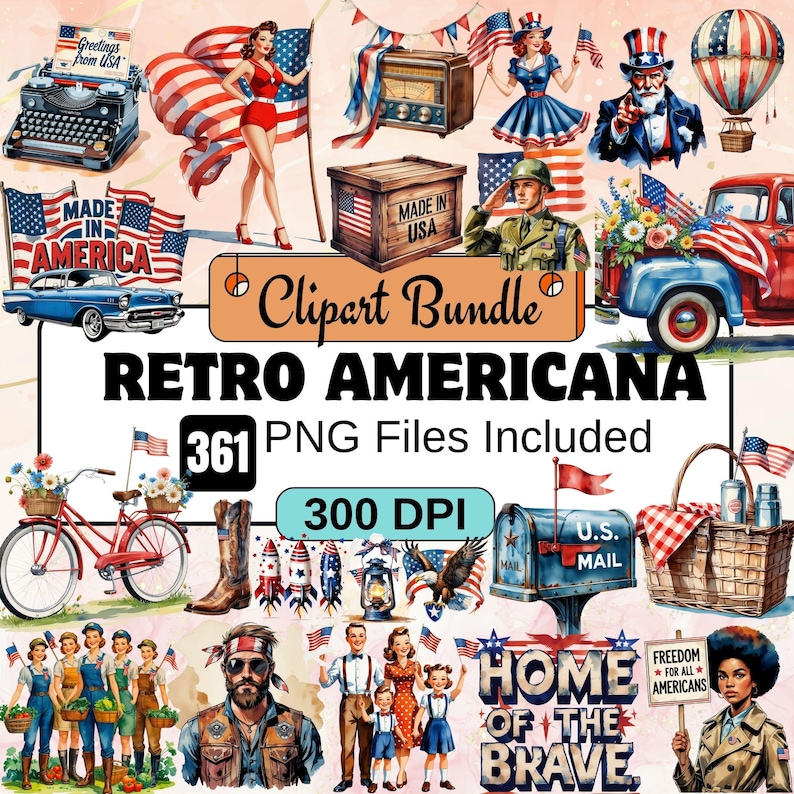 Retro Americana, Vintage USA Clipart, Patriotic Clipart, 4th of July Graphics, Americana Art, Retro Fourth of July, American Flag Clipart, Vintage Patriotic Decor,