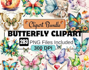 May include: A digital clipart bundle of 283 watercolor butterfly illustrations in PNG format. The butterflies are in various colors and designs, including blue, pink, green, yellow, and orange. The butterflies are 300 DPI.