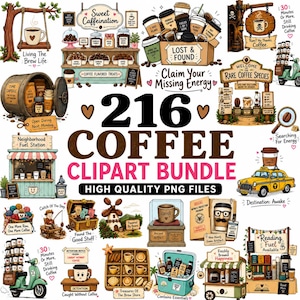Pode incluir: Uma coleção digital de 216 ilustrações com tema de café, incluindo várias cenas com cafeterias, scooters, barris e canecas com texto como Sweet Caffeination, Lost and Found, Claim Your Missing Energy e Destination Awake.