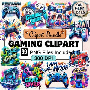 Ensemble de cliparts aquarelle Game Day, Clipart de jeu vidéo PNG, lot de sublimation pour joueur, contrôleur de jeu png, game day png, gamer drôle png