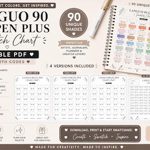 Puede incluir: Una tabla de muestras imprimible en PDF para 90 bolígrafos de gel Languo que incluye cuatro versiones, con tres páginas individuales de 30 espacios cada una y una página todo en uno de 90 espacios, etiquetadas con códigos para organizar colores.