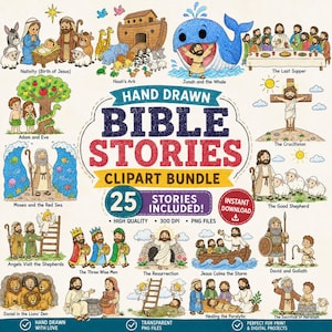 Pode incluir: Um pacote de clipart digital com ilustrações desenhadas à mão de várias histórias bíblicas, incluindo a Natividade, a Arca de Noé, Jonas e a baleia. O texto central diz HAND DRAWN BIBLE STORIES CLIPART BUNDLE.