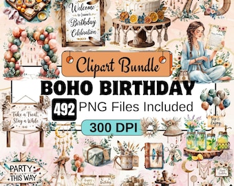 493 Boho Birthday Clipart Bundle PNG,Watercolor Boho Birthday PNG, Neutral Birthday Party Clipart, Neutral Balloons,Cake, beige birthday png