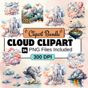 Cloud clipart, Weather Clipart PNG Bundle, 24 PNG  Cloud Clipart Bundle, Instant Digital Download, Commercial Use