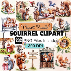 Squirrels Watercolor Clipart Bundle, 348 PNG Playful Squirrel Images, Woodland Creature Graphics,PNG Squirrel, Instant Digital Download