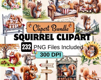 Squirrels Watercolor Clipart Bundle, 348 PNG Playful Squirrel Images, Woodland Creature Graphics,PNG Squirrel, Instant Digital Download