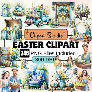 Puede incluir: Un paquete digital de clipart con ilustraciones de temática de Pascua. Las ilustraciones incluyen un camión azul con huevos de Pascua, un sillón azul con una almohada de conejo, una cesta de huevos de Pascua, un cofre de madera con huevos de Pascua, una puerta azul con una corona, un ramo de flores amarillas y personas que sostienen cestas de huevos de Pascua. El texto "346 archivos PNG incluidos 300 DPI" está incluido en la imagen.