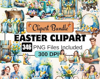 May include: A digital clipart bundle of Easter-themed illustrations. The illustrations include a blue truck with Easter eggs, a blue armchair with a bunny pillow, a basket of Easter eggs, a wooden chest with Easter eggs, a blue door with a wreath, a bouquet of yellow flowers, and people holding baskets of Easter eggs. The text "346 PNG Files Included 300 DPI" is included in the image.