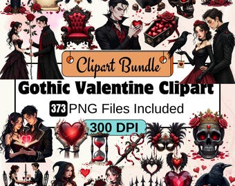 Black Gothic Valentine Clipart Bundle,Dark Love Romance Watercolor PNG,Gothic Couples,Heart&Roses,Valentine’s Day Digital,valentine clipart