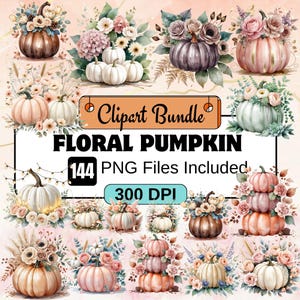 May include: A digital clipart bundle of 144 floral pumpkin illustrations. The pumpkins are decorated with various flowers, including roses, hydrangeas, and succulents. The pumpkins are in various colors, including pink, white, orange, and green. The text "Floral Pumpkin" and "144 PNG Files Included" is displayed on the image. The image also includes the text "300 DPI".