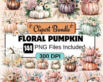 144 Floral Pumpkin Clipart,Fall pumpkin PNG Bundle,Watercolor Autumn Pumpkin with Flower Fall Aesthetic,fall pumpkin Floral Fall,Cottagecore