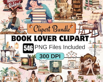543 Book Lovers Clipart Bundle PNG Set,Book Clipart PNG,Bookworm clip art,cozy reading nook clipart, Reading Clipart, Bookworm, Library Book