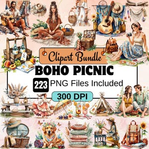 223 Boho Picnic Clipart,Cozy Summer Picnic PNG Bundle,watercolor picnic,spring picnic,picnic cottage,picnic spring,picnic printable,boho png