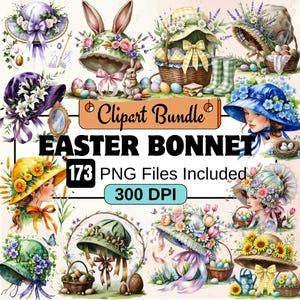 May include: A digital clipart bundle of 173 Easter bonnet illustrations. The images feature various styles of bonnets decorated with flowers, ribbons, and other Easter-themed elements. The images are 300 DPI and in PNG format.