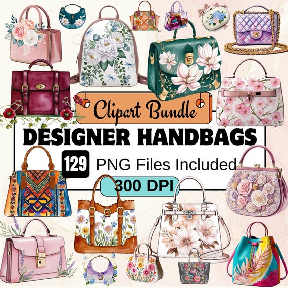 Flower Handbags Watercolor Clipart, Floral Purse PNG, Digital Download, Purse Accessory Card, Junk Journaling, 129 Handbag Clipart Bundle