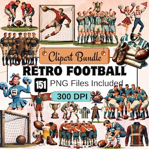 151 retro voetbal clipart, retro voetbal png, american football bundel, vintage voetbalwedstrijd afbeelding, vintage voetbal, klassieke sport graphics