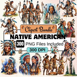 Pacchetto di clipart di acquerelli nativi americani, clipart afroamericani, pacchetto di PNG di grafica culturale, 300 PNG di simpatici pacchetti nativi americani