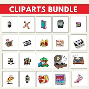 Op de afbeelding: Een verzameling kleurrijke clipart-afbeeldingen, waaronder een retro televisie, cassettes, een hamburger en friet, een Polaroid camera, een platenspeler, een pizzapunt en een horloge. De tekst "CLIPARTS BUNDLE" staat bovenaan.