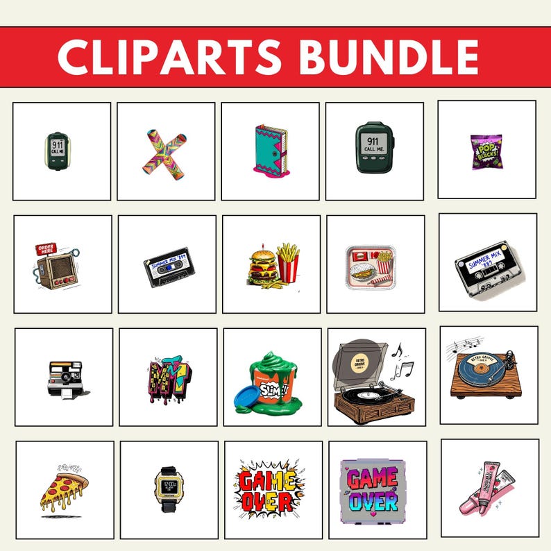 Op de afbeelding: Een verzameling kleurrijke clipart-afbeeldingen, waaronder een retro televisie, cassettes, een hamburger en friet, een Polaroid camera, een platenspeler, een pizzapunt en een horloge. De tekst "CLIPARTS BUNDLE" staat bovenaan.