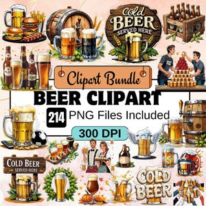 Può includere: Un pacchetto di clipart digitale di 214 illustrazioni a tema birra, tra cui boccali, bottiglie, barili e cartelli. Le illustrazioni sono in stile cartone animato e presentano vari colori, tra cui marrone, oro, verde e rosso. Il testo "Cold Beer Served Here" appare su diverse illustrazioni. Il testo "214 PNG Files Included" e "300 DPI" sono inclusi anche nell'immagine.
